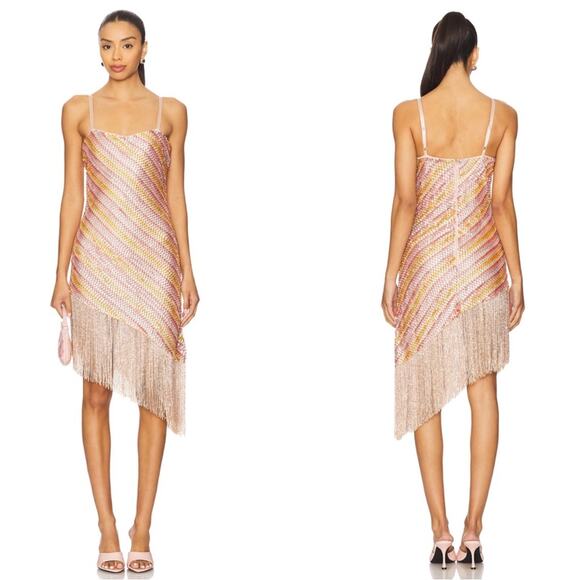 For Love And Lemons Dresses & Skirts - FOR LOVE & LEMONS Capri Bead Embellished Fringe Hem Asymmetric Mini Dress Sz 2